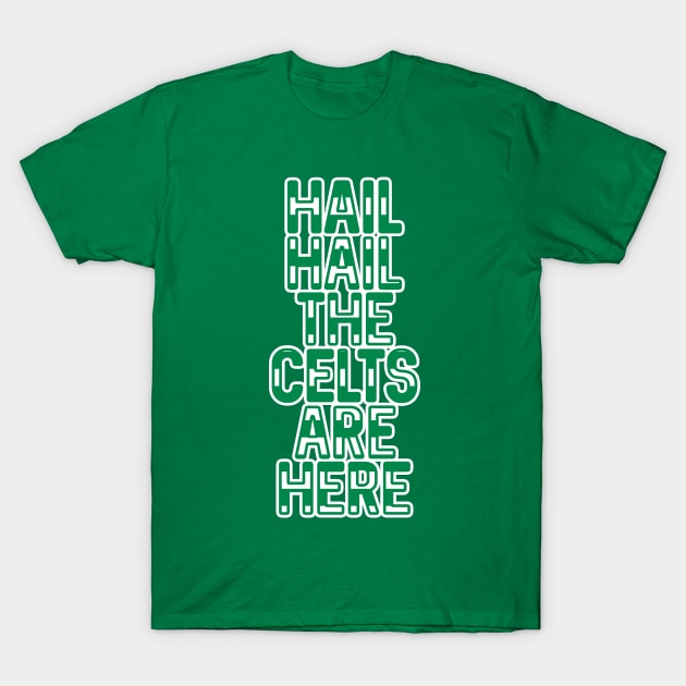 Hail Hail The Celts Are Here, Glasgow Celtic Football Club Green and White Striped Text Design T-Shirt by MacPean